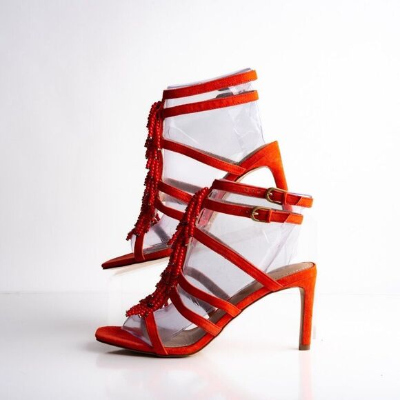 Boden Womens Sandals Heels Orange Strappy Beaded Open Toe Suede US 7 EU 38 - Picture 5 of 10